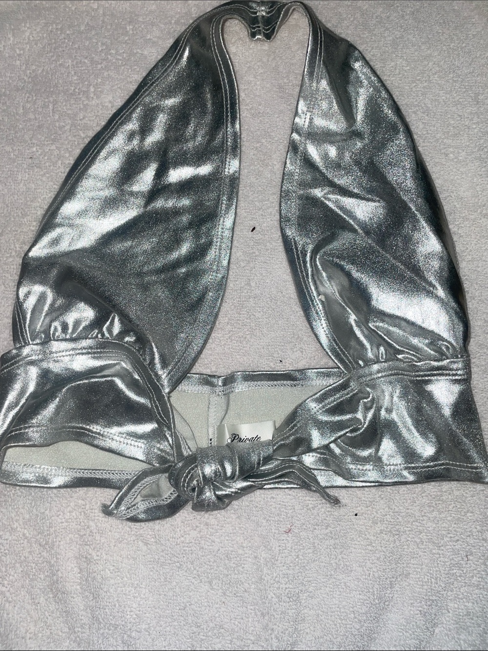 Metallic Silver Halter Crop Top - Shiny Tie-Front